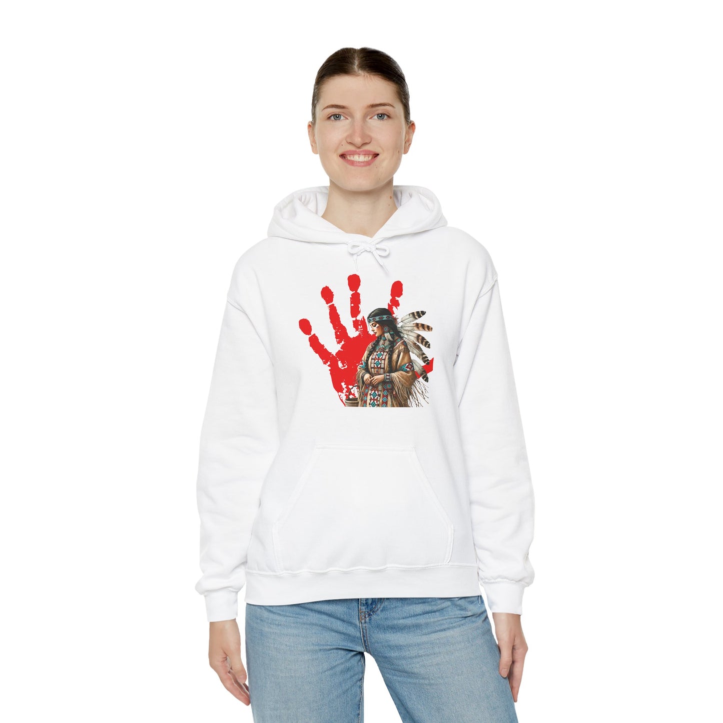 Hooded Sweatshirt Indigenous Women Red Handprint Symbol