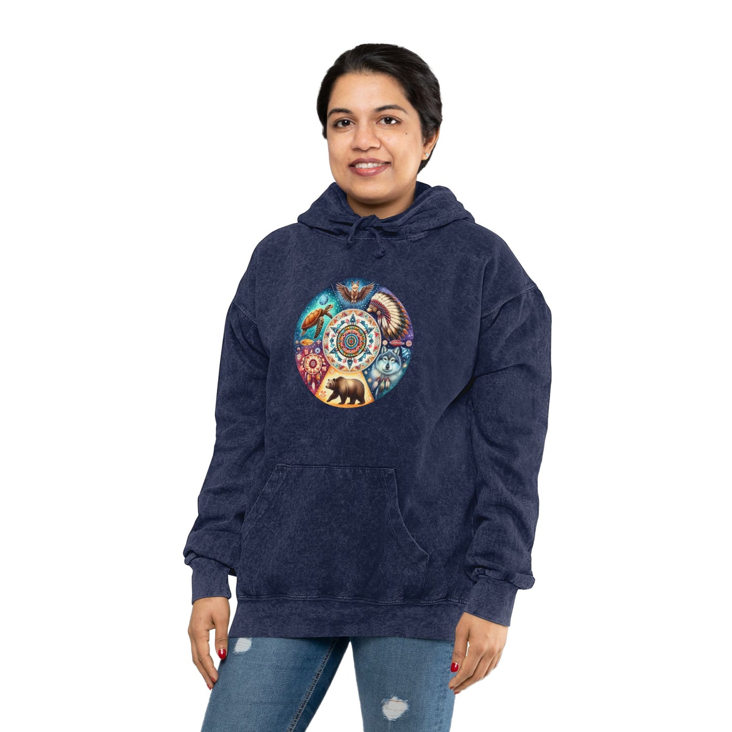 Native American Graphic Unisex Mineral Wash Hoodie, Southwest Style Sweatshirt, Tribal Print Pullover, Inspirational Quote