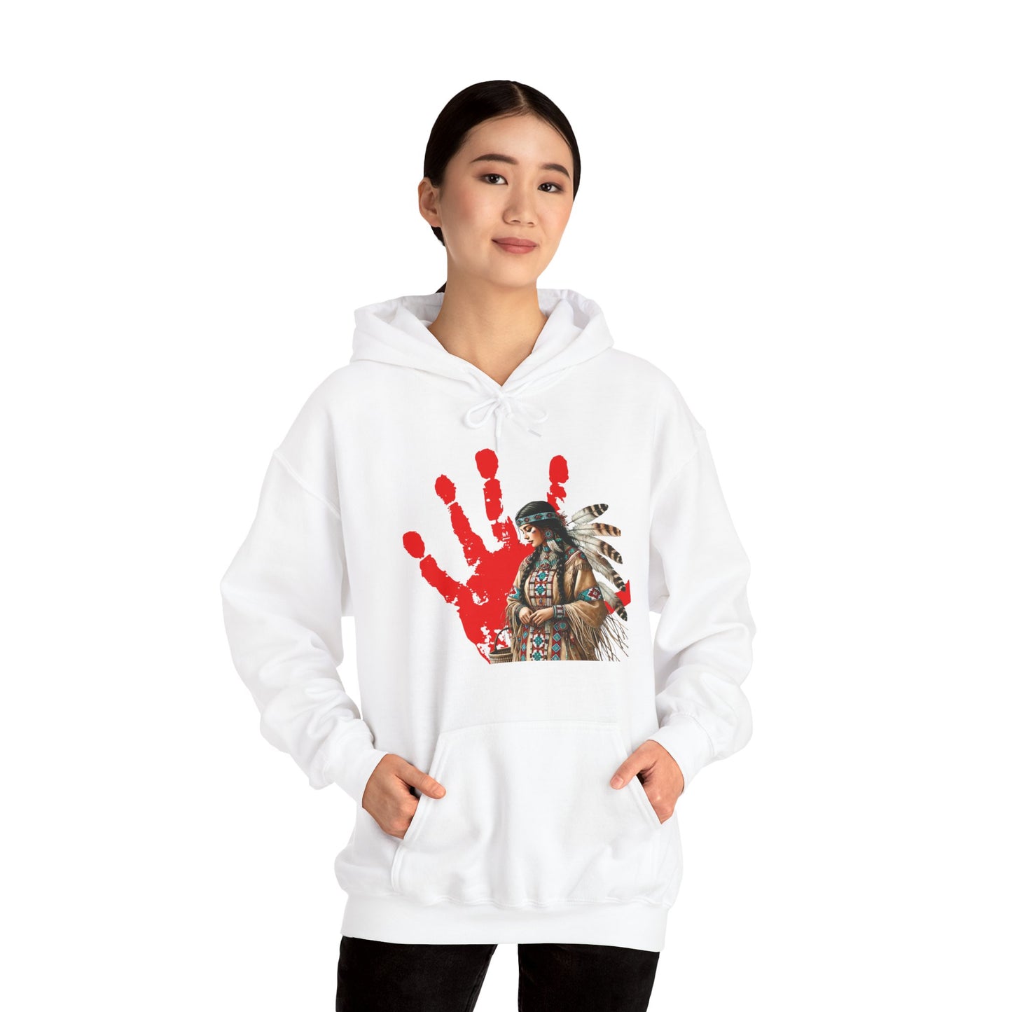 Hooded Sweatshirt Indigenous Women Red Handprint Symbol