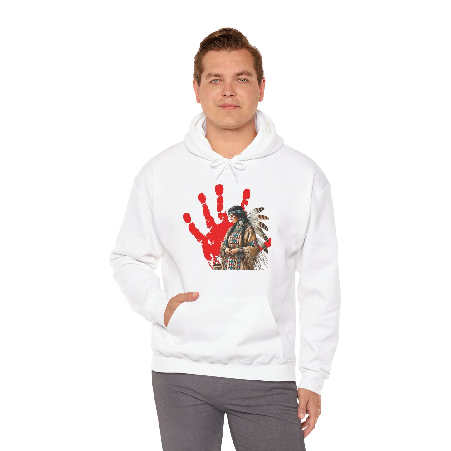 Hooded Sweatshirt Indigenous Women Red Handprint Symbol