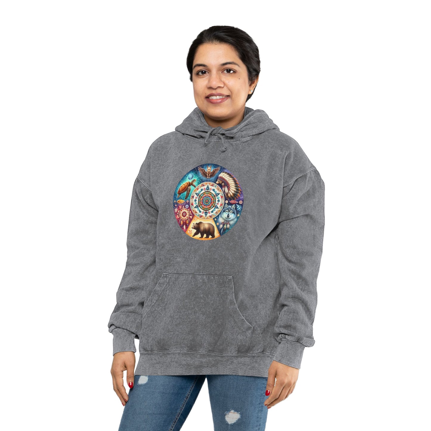 Native American Graphic Unisex Mineral Wash Hoodie, Southwest Style Sweatshirt, Tribal Print Pullover, Inspirational Quote